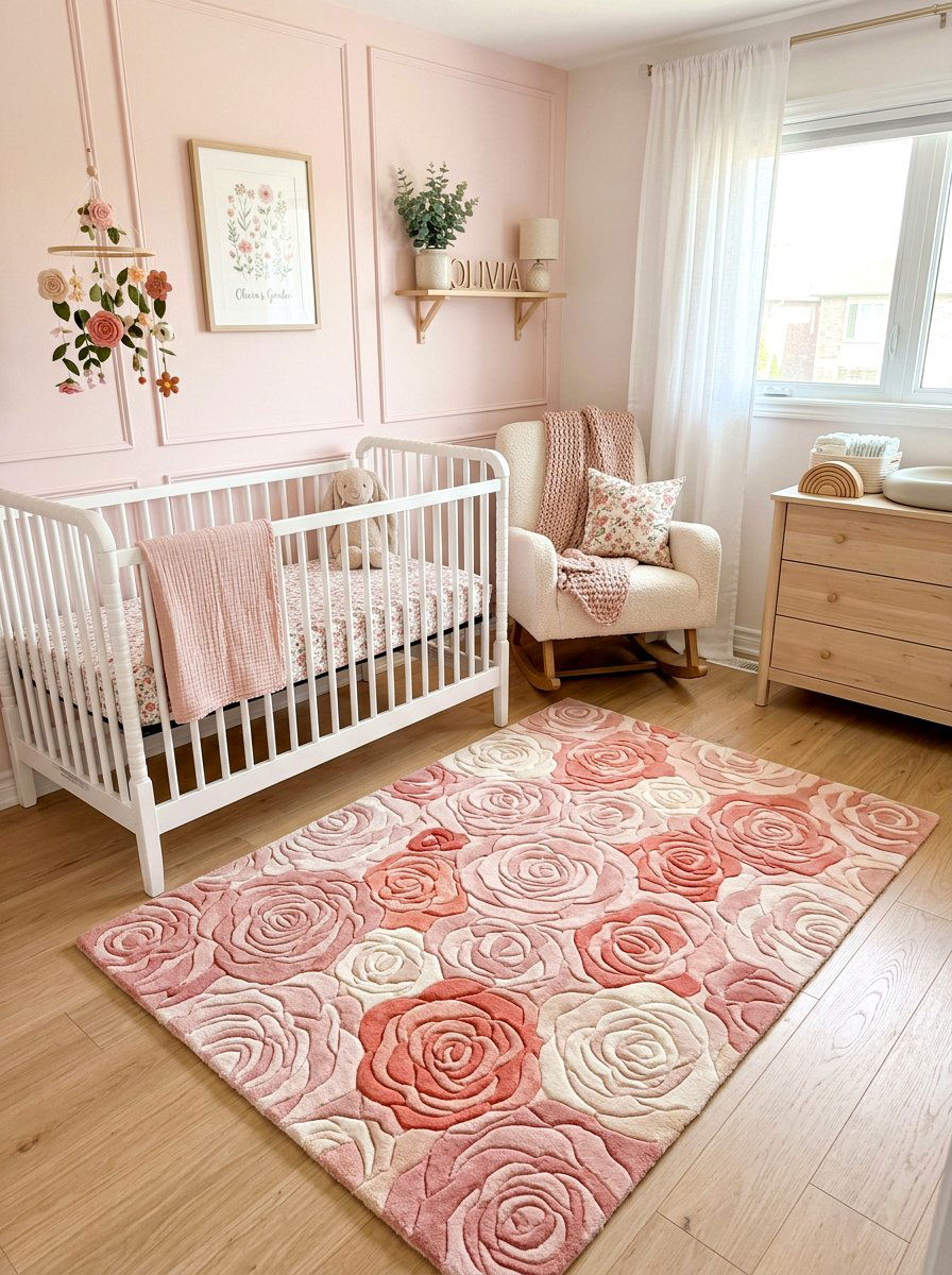Soft rose petal nursery rug - 30 romantic baby room ideas