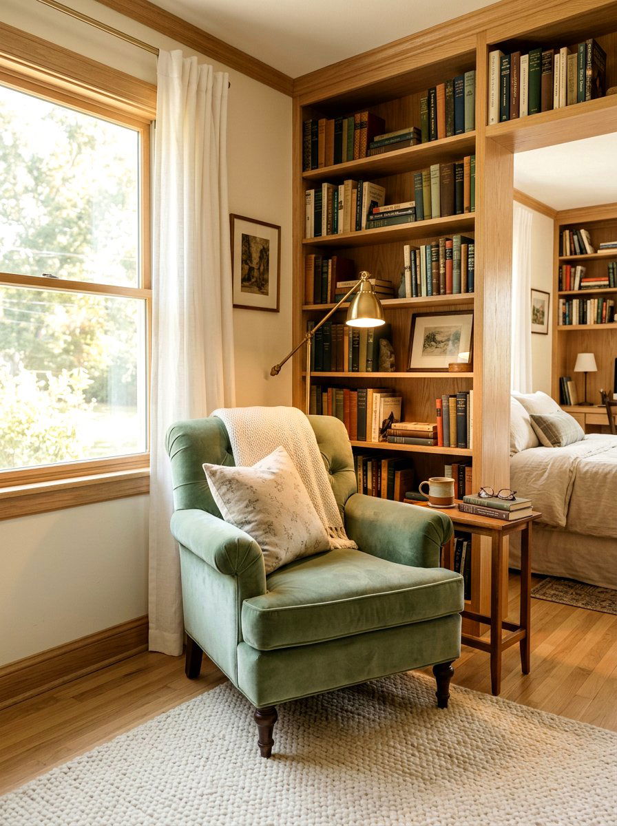 Soft velvet armchair - 30 light academia bedroom ideas
