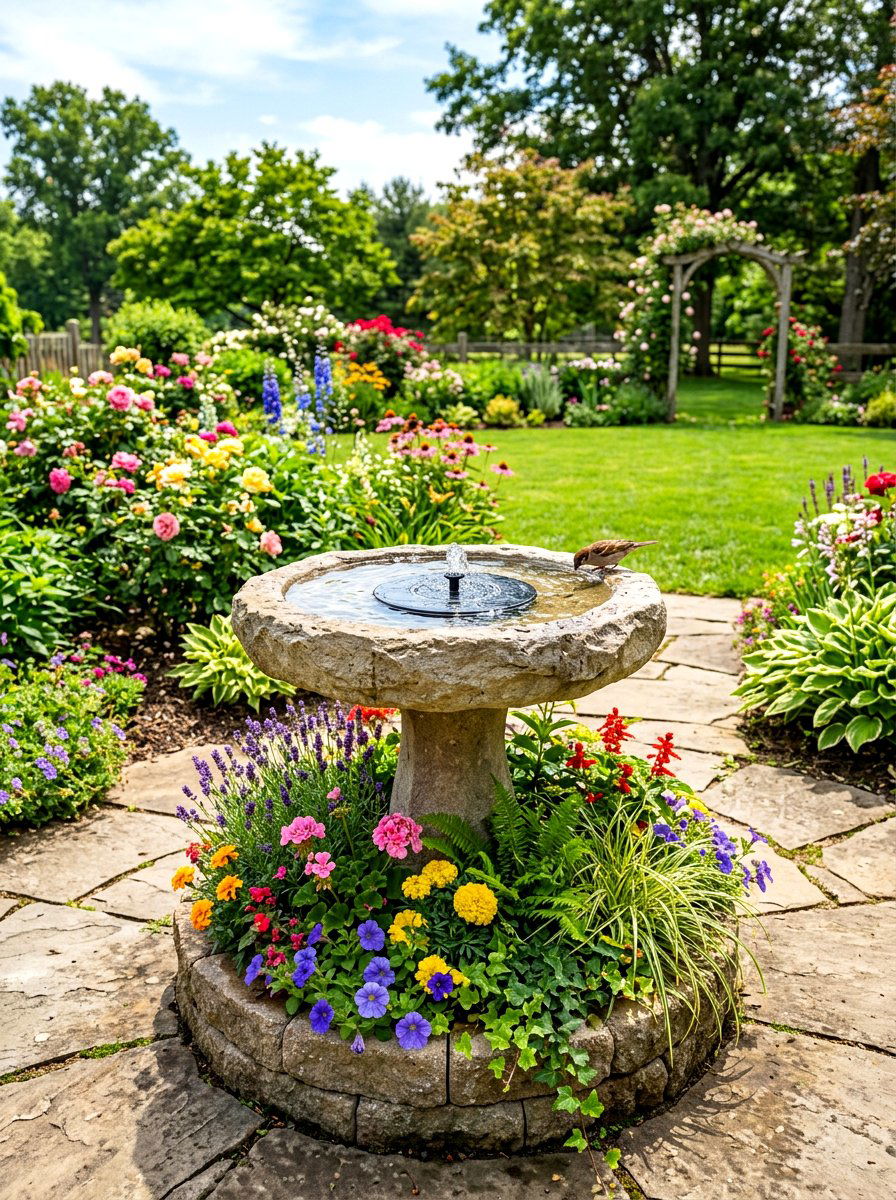 Solar Bird Bath With Planter Base - 30 solar fountain ideas