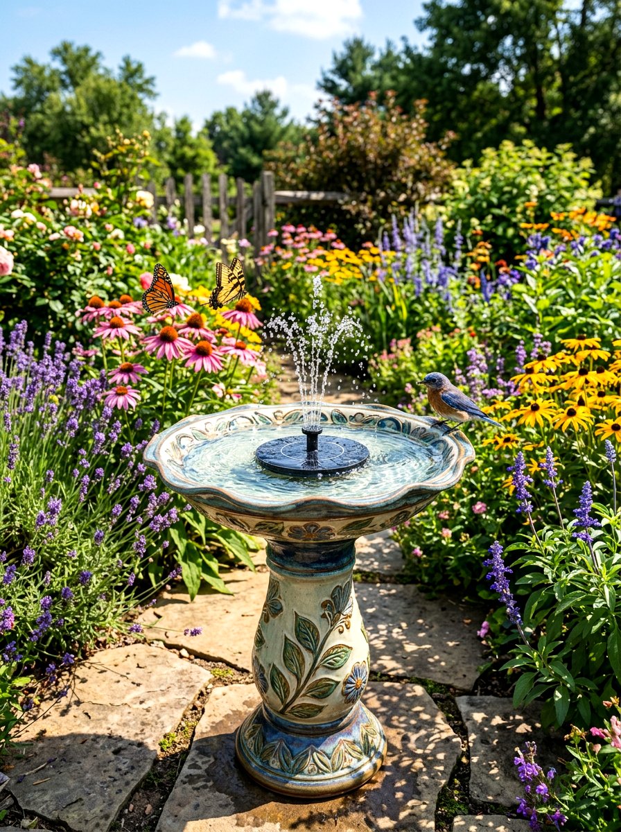 Solar Birdbath Fountain - 30 outdoor courtyard fountain ideas