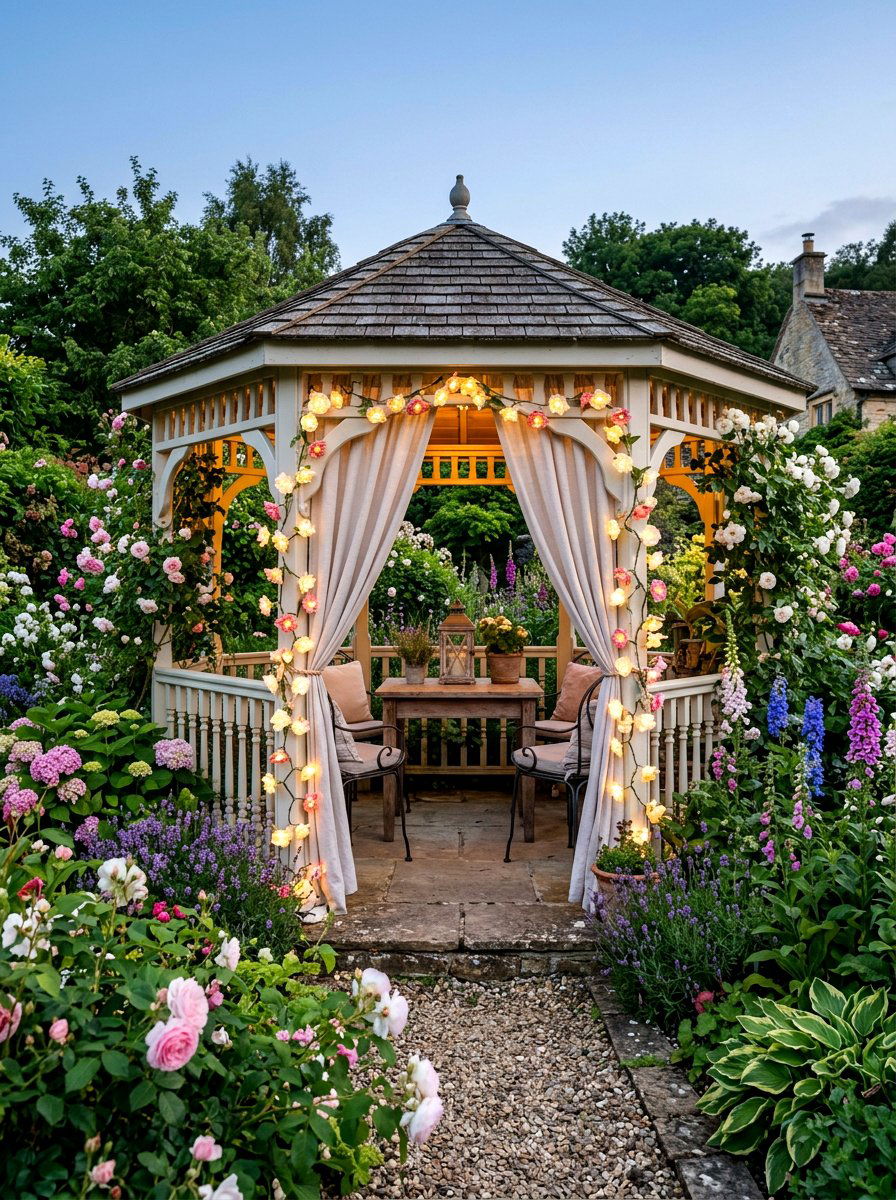 Solar Flower Lights On Corner Curtains - 30 gazebo curtain lighting ideas