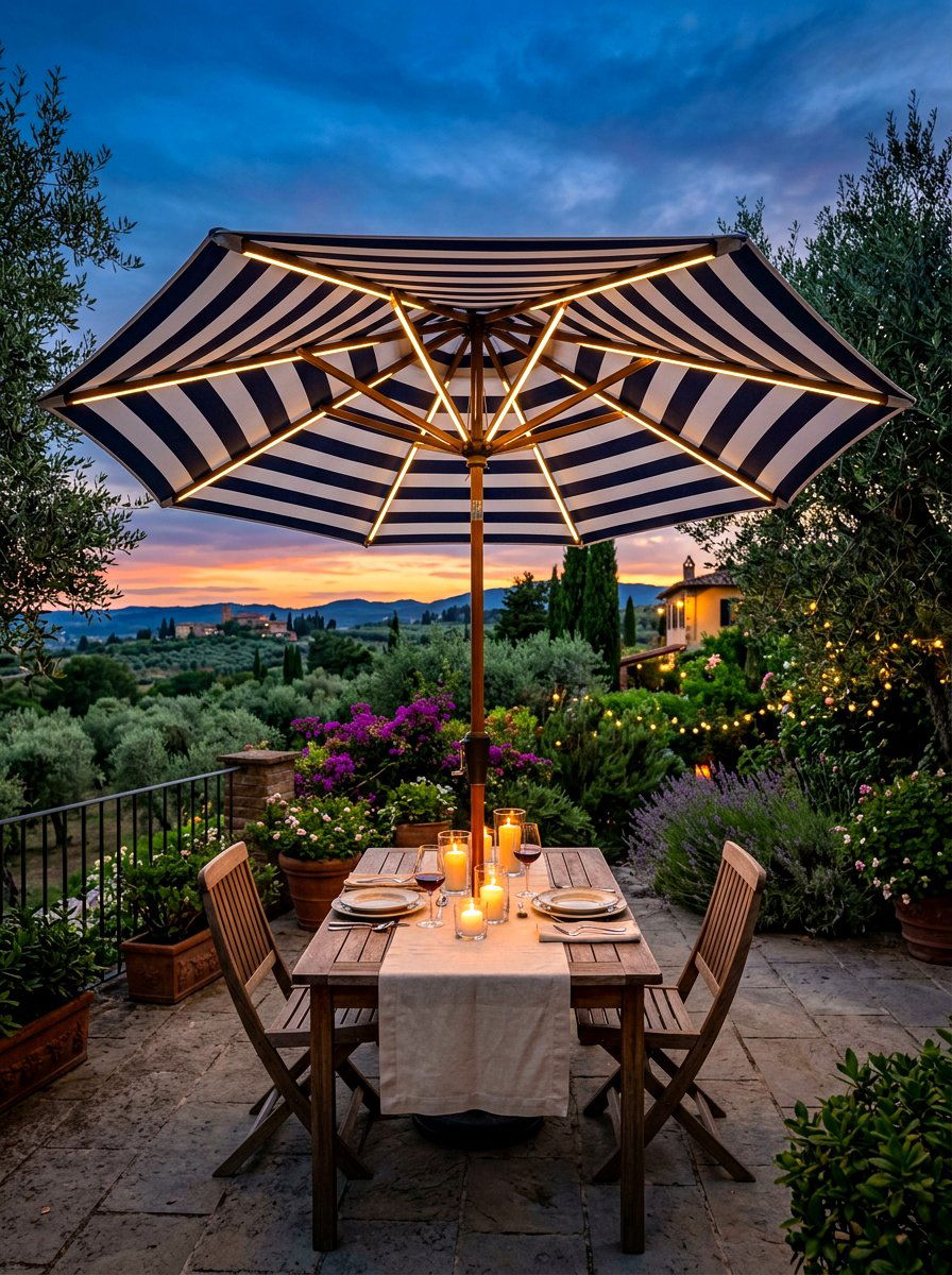 Solar LED striped patio umbrella - 30 striped patio umbrella ideas
