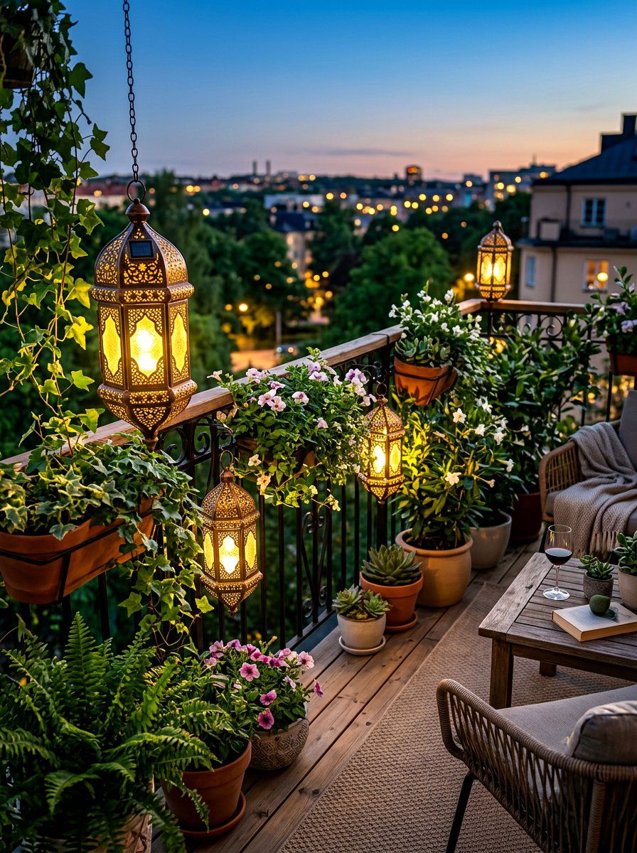 Solar Lantern Lighting - 30 small apartment balcony garden ideas