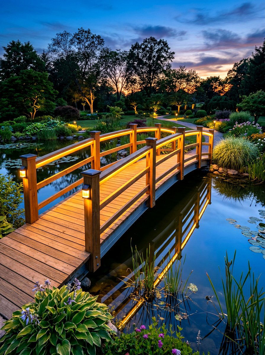Solar Light Bridge - 30 pond bridge ideas