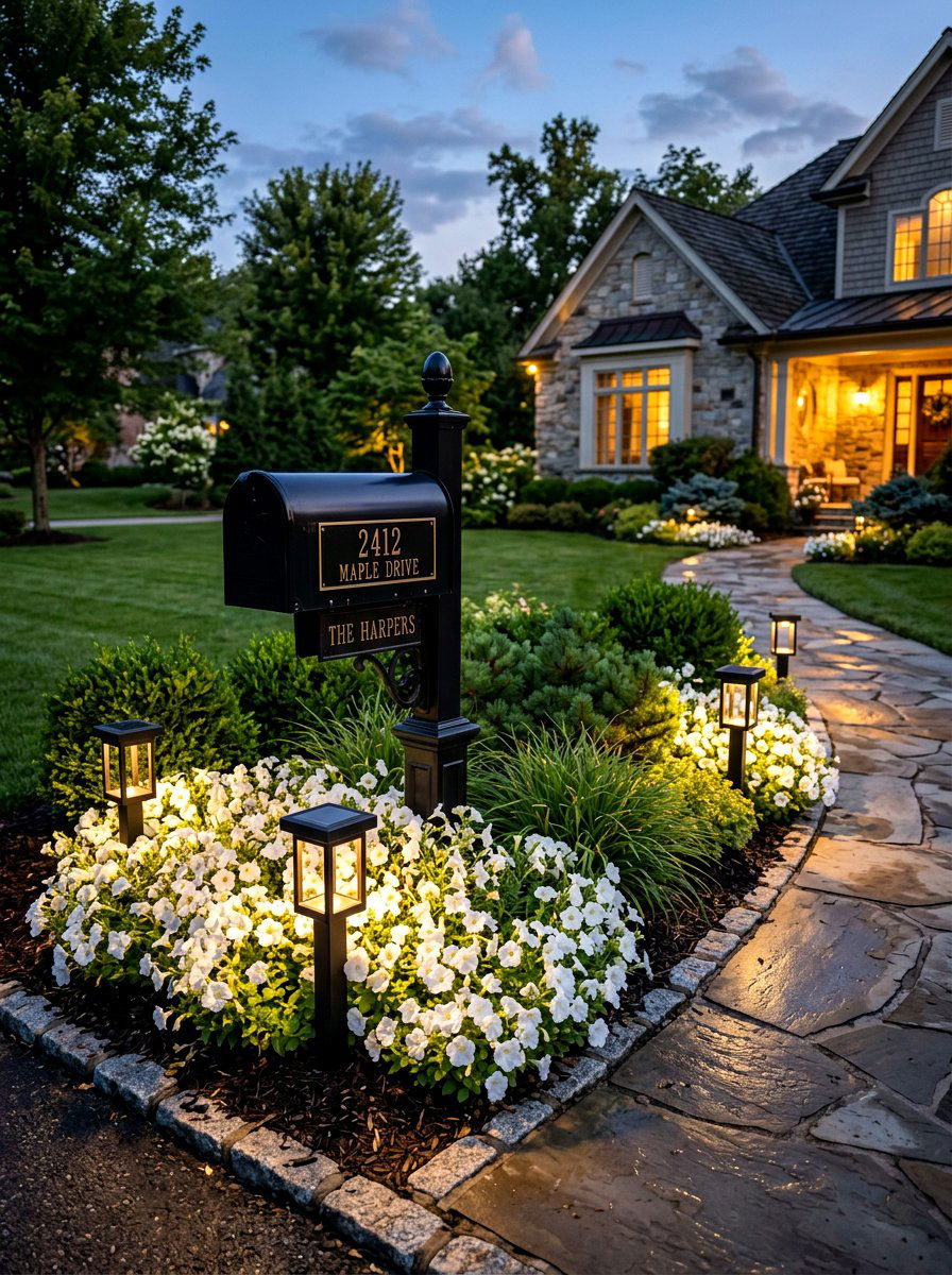 Solar Light Mailbox Garden - 30 mailbox flower bed ideas