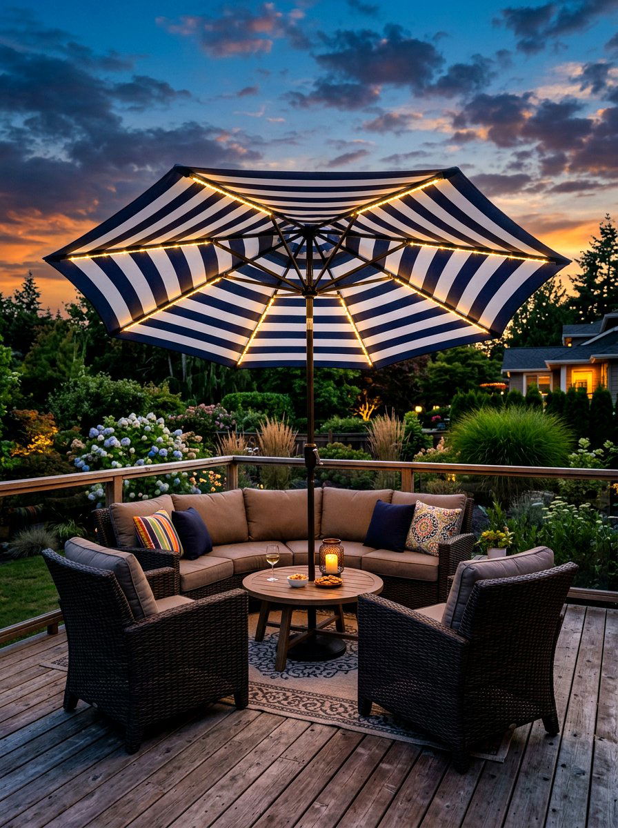 Solar Light Striped Umbrella - 30 striped umbrella patio ideas