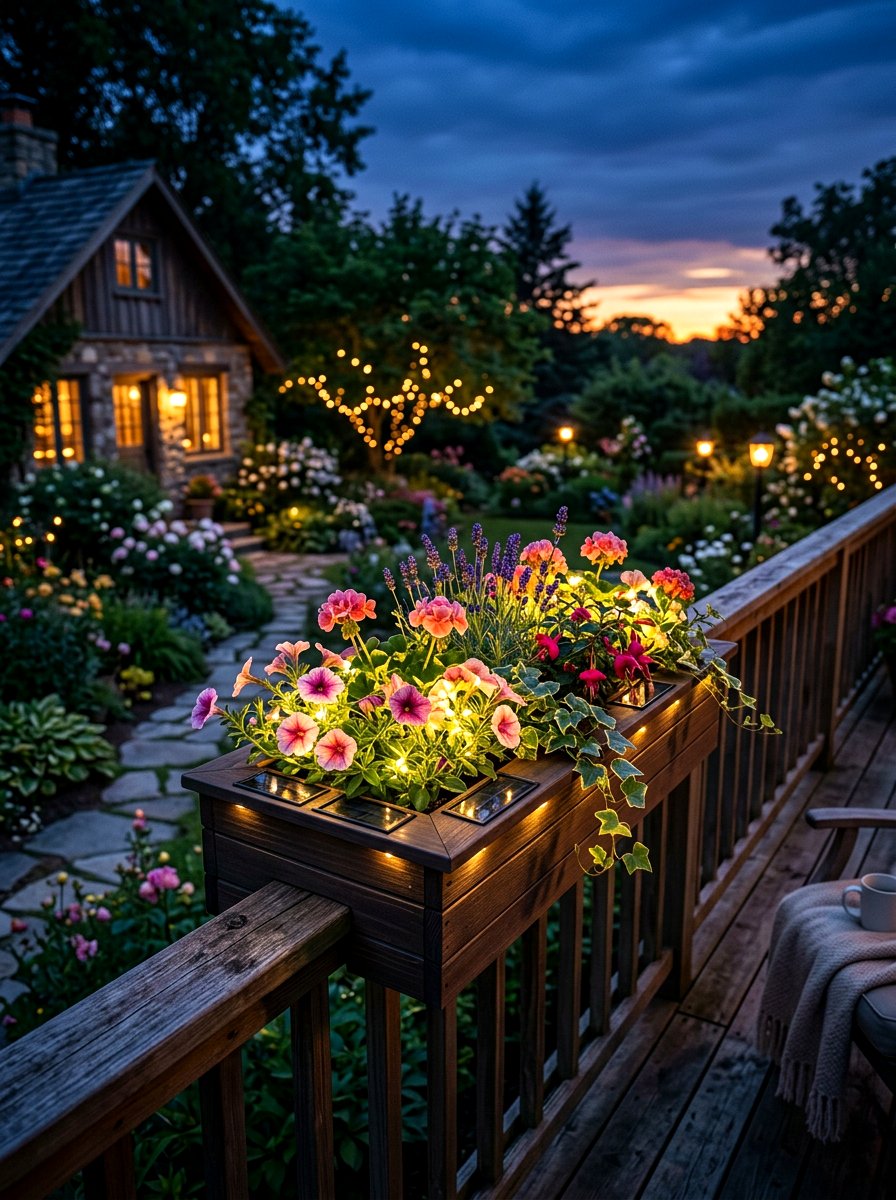Solar Lighted Railing Box - 30 flower box railing ideas