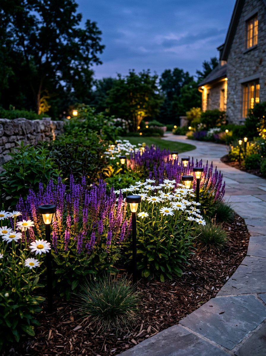 Solar Lit Flower Bed - 30 budget flower bed ideas
