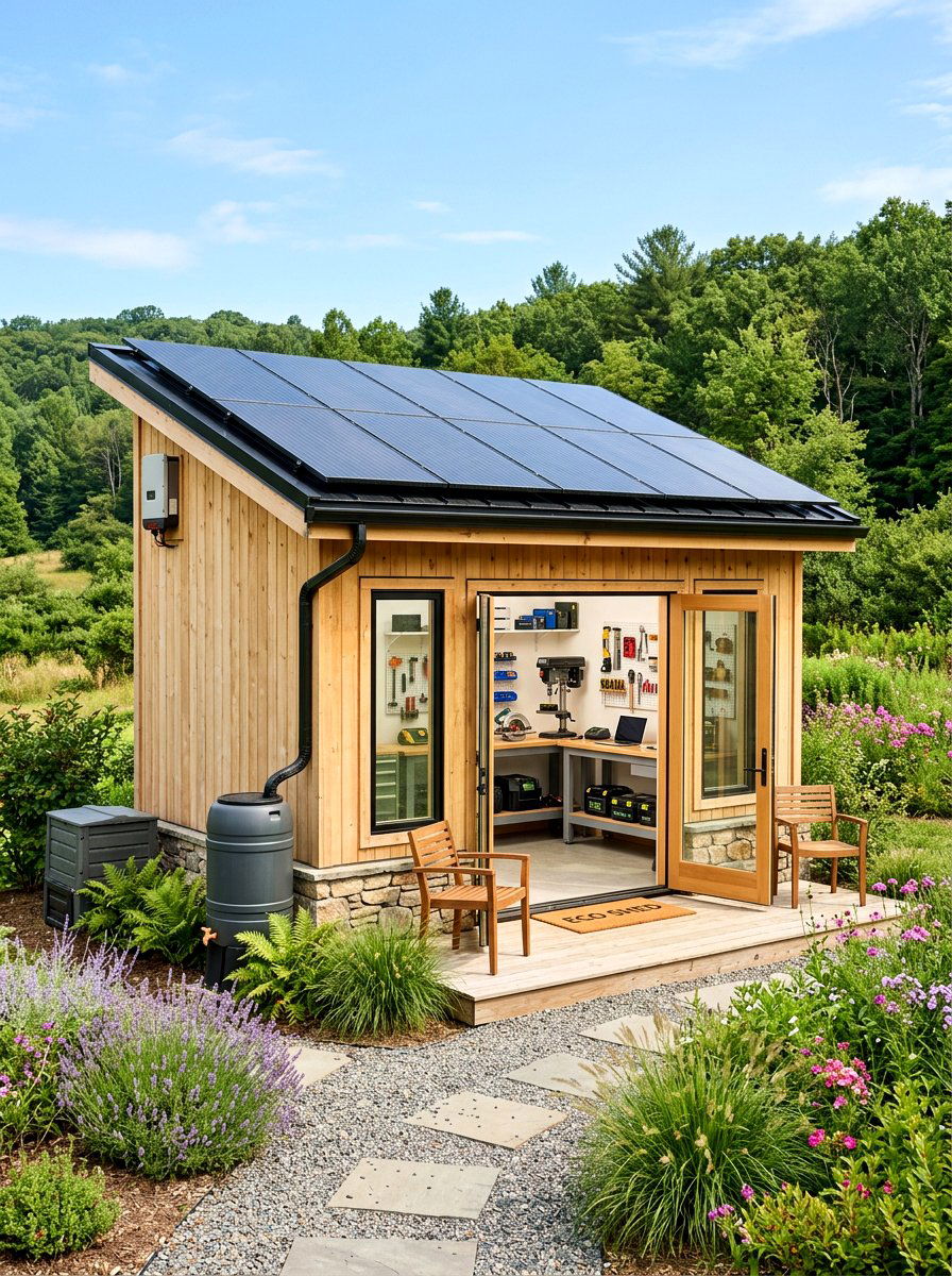 Solar Powered Eco Shed - 30 backyard workshop shed ideas