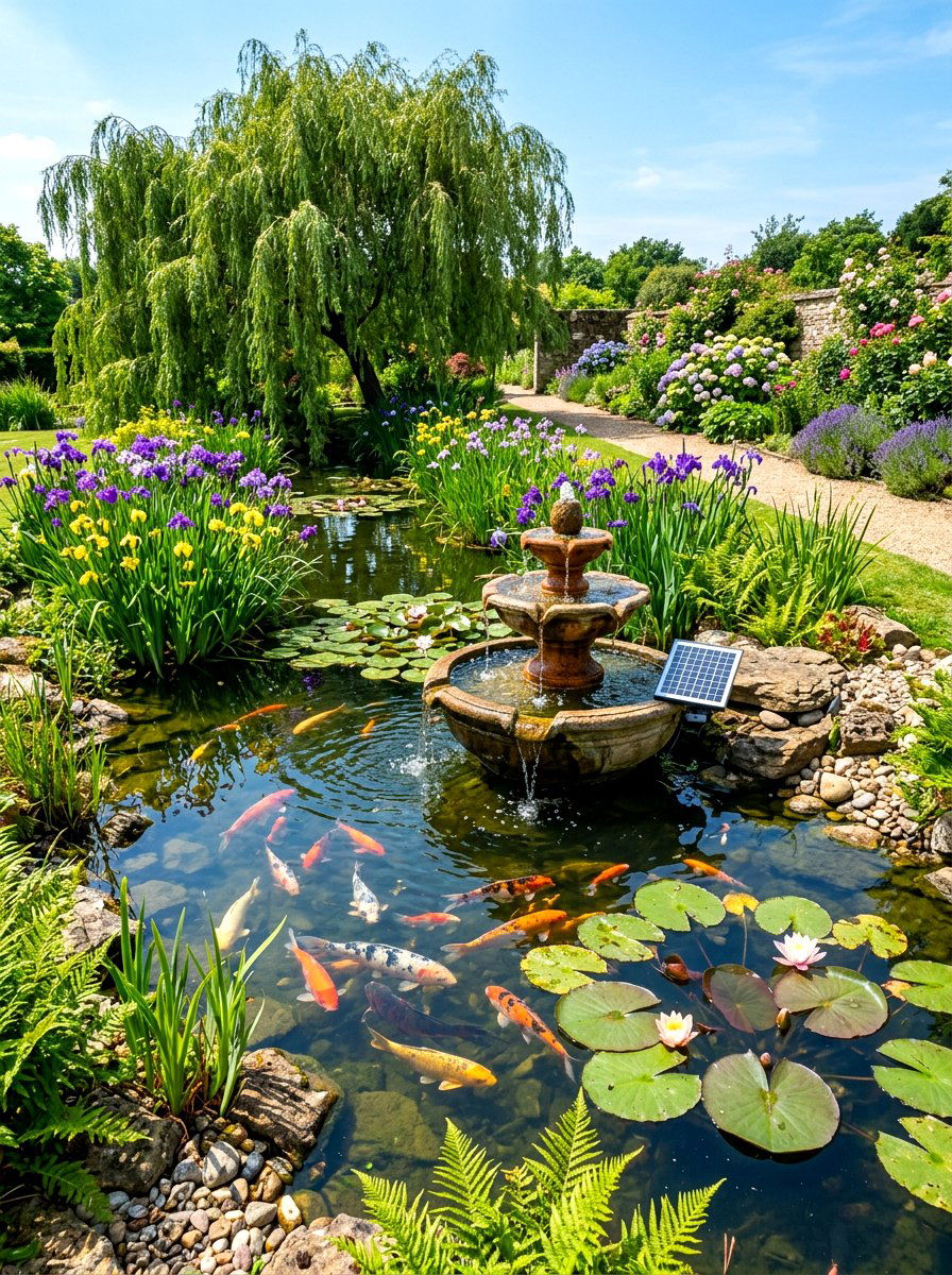 Solar Powered Garden Pond Fountain - 30 solar fountain ideas