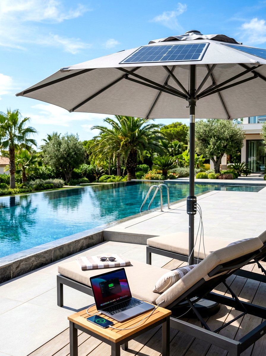 Solar Powered Pool Umbrella - 30 poolside umbrella lounge ideas