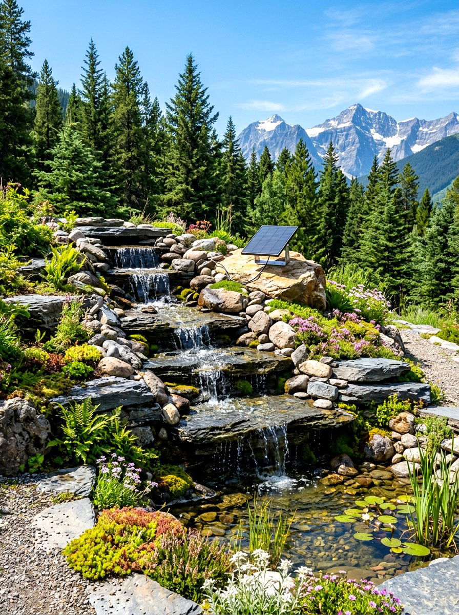 Solar Powered Rock Waterfall - 30 solar fountain ideas