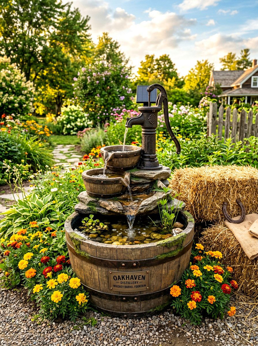 Solar Powered Whiskey Barrel Fountain - 30 solar fountain ideas