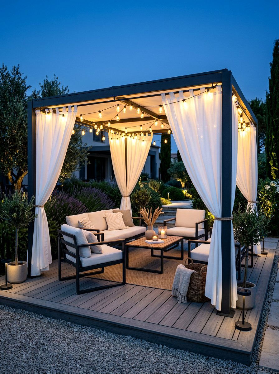 Solar String Lights With White Curtains - 30 gazebo curtain lighting ideas