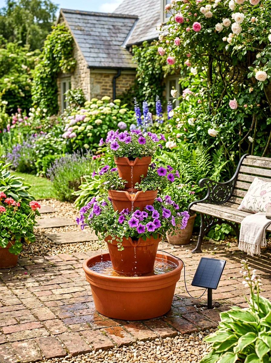 Solar Tiered Flower Pot Fountain - 30 solar fountain ideas
