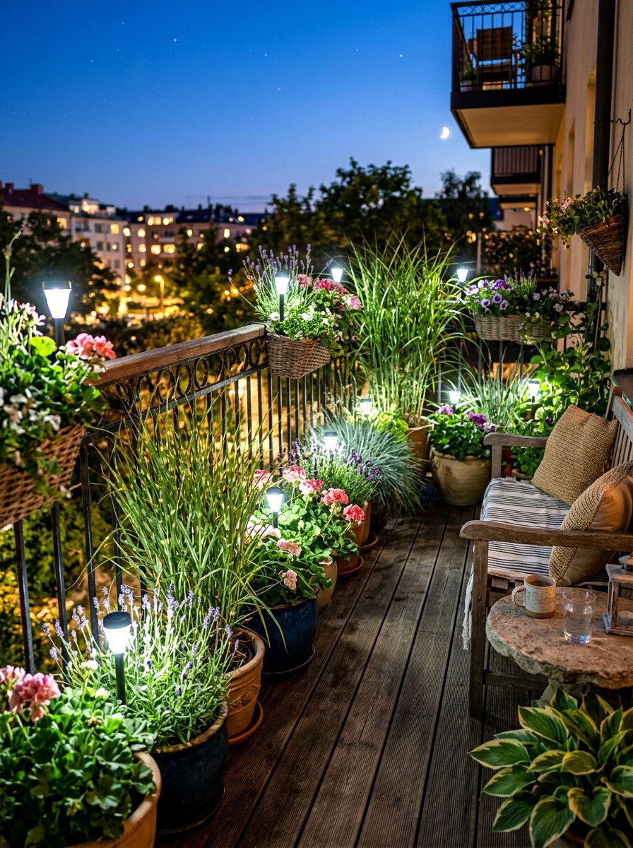 Solar Walkway Lights In Planters - 30 apartment patio lighting ideas