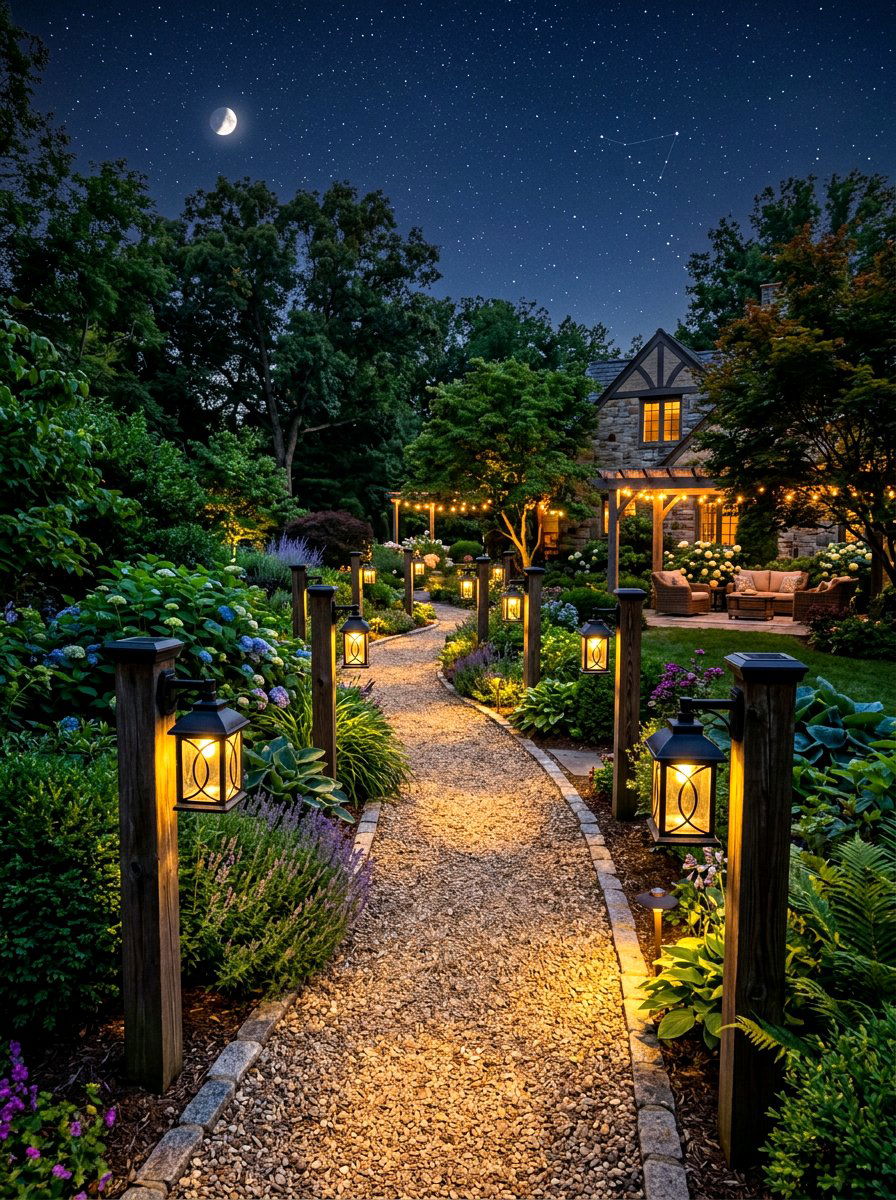 Solar lantern lighting - 30 cabin backyard landscaping ideas