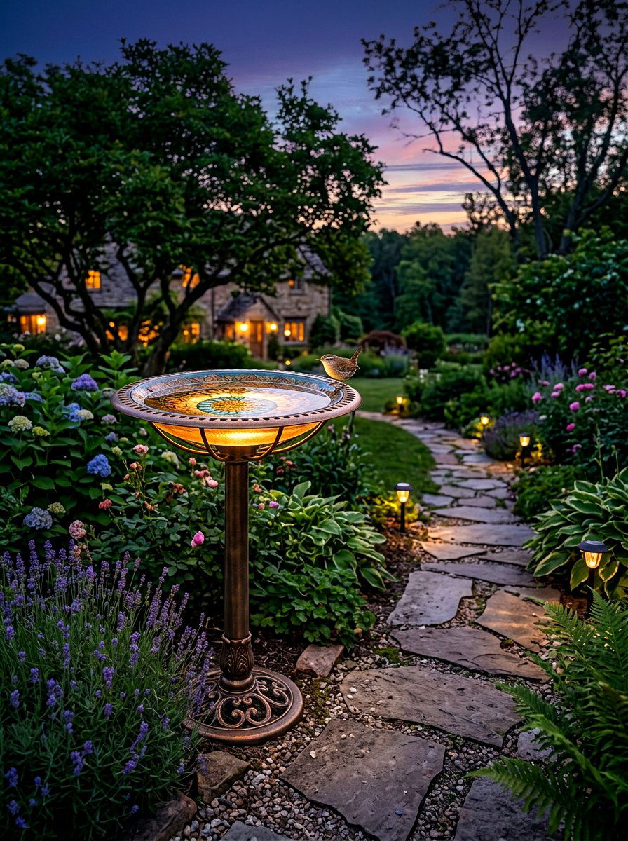 Solar light bird bath - 30 front yard bird bath ideas
