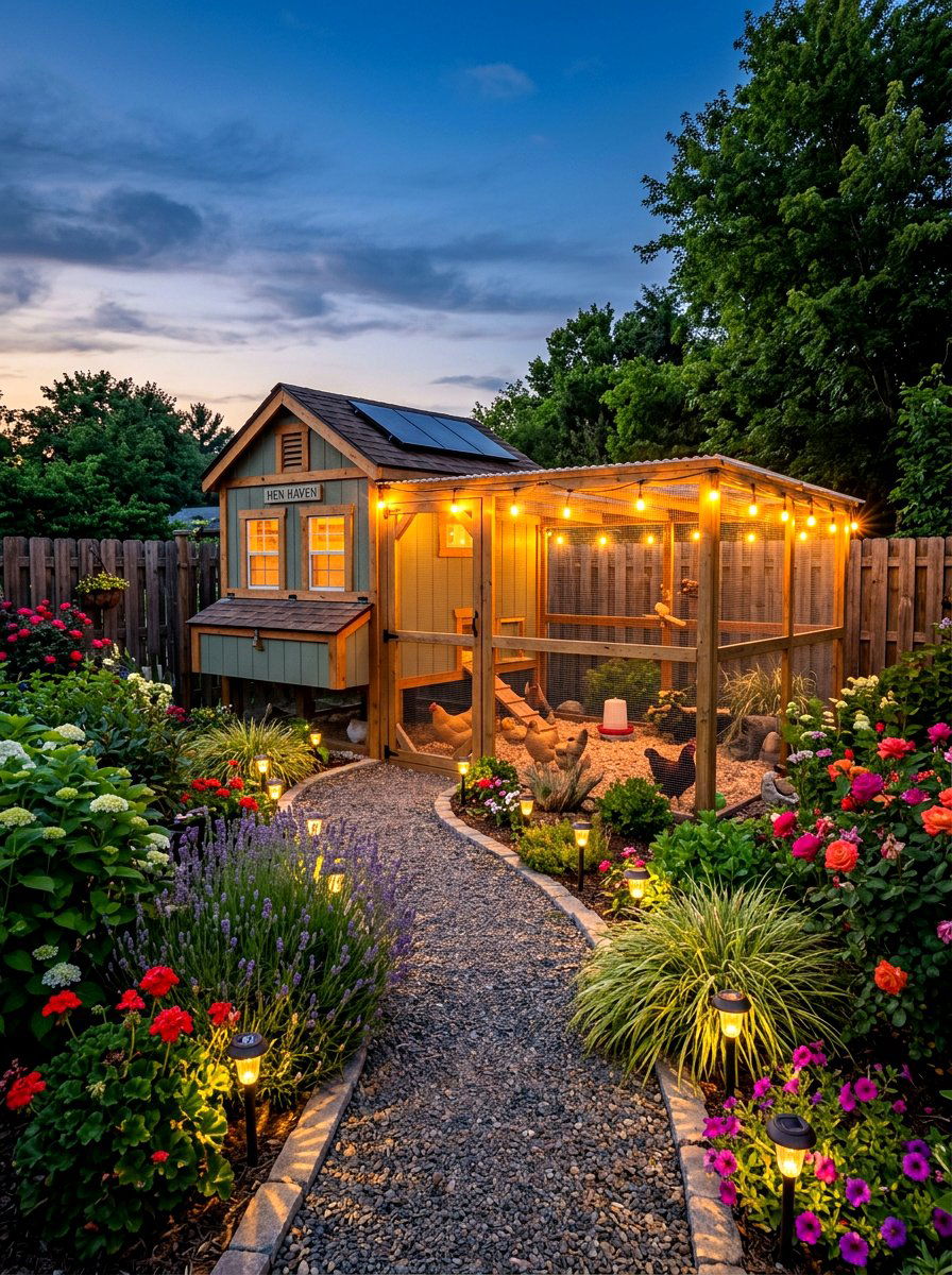 Solar light chicken coop garden - 30 backyard coop garden ideas