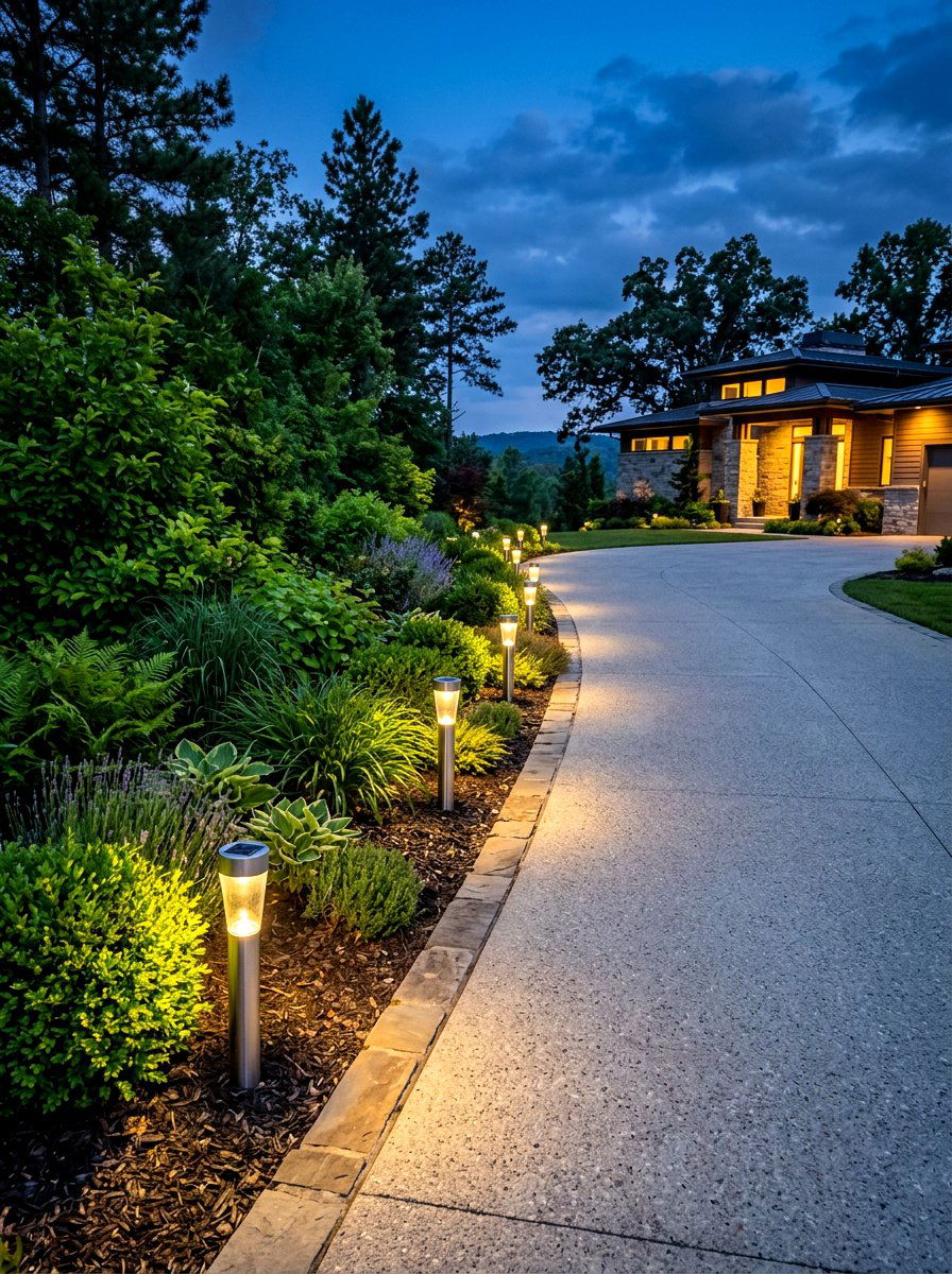 Solar lit driveway garden path - 30 driveway side garden ideas