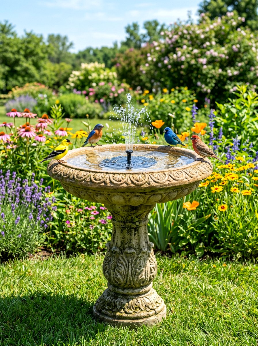 Solar powered bird bath - 30 courtyard fountain garden ideas