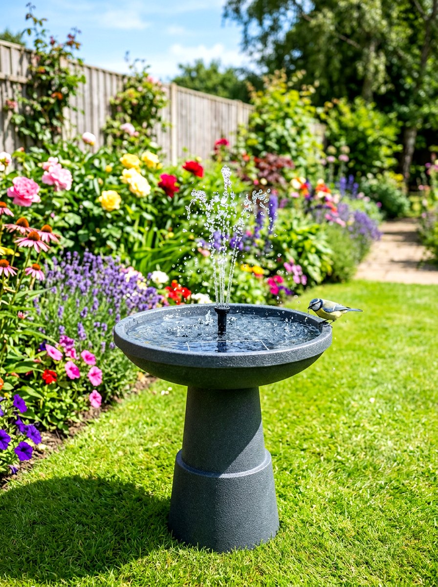 Solar powered birdbath - 30 front yard water feature ideas