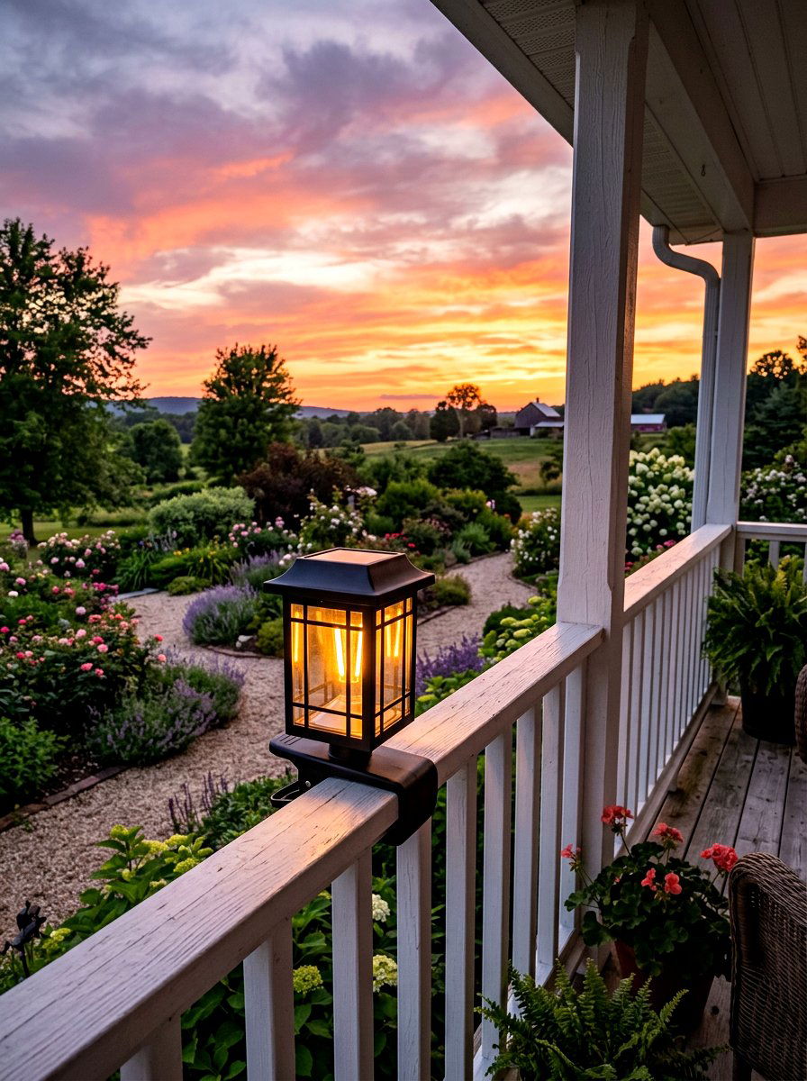 Solar powered lantern on porch railing - 30 porch lantern styling ideas