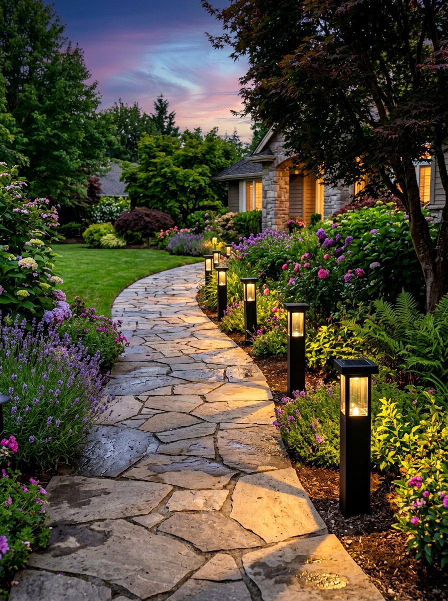 Solar powered path lighting - 30 front yard makeover ideas