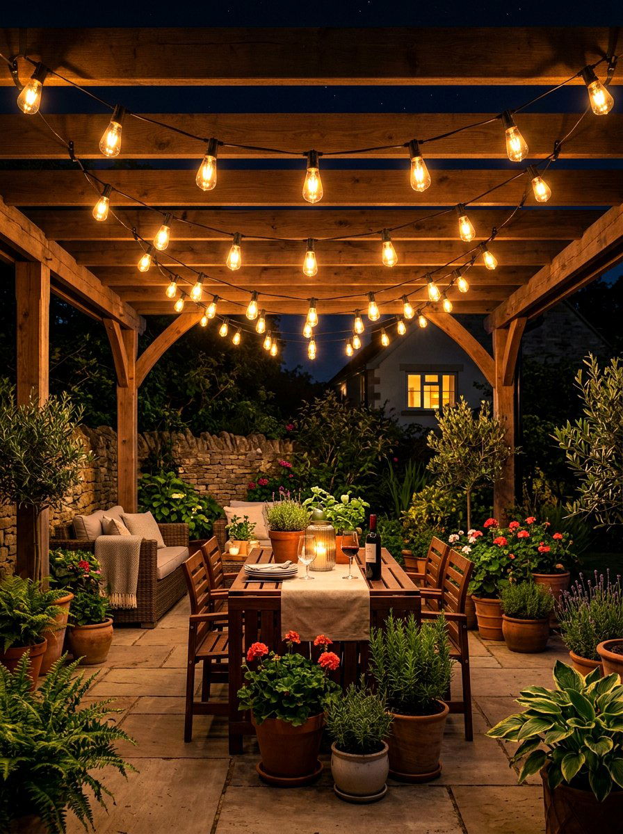 Solar powered string lights - 30 apartment patio entertaining ideas