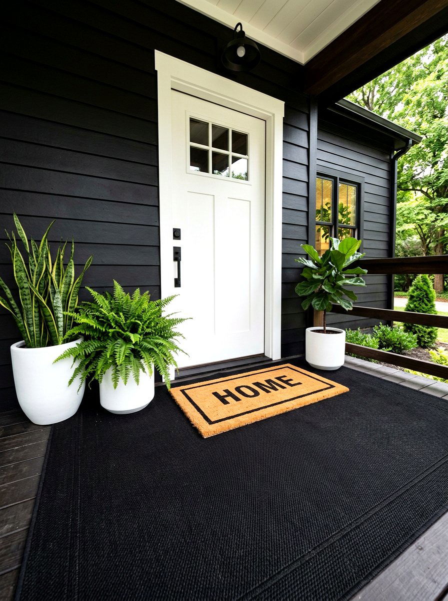 Solid black outdoor rug - 30 porch doormat layering ideas