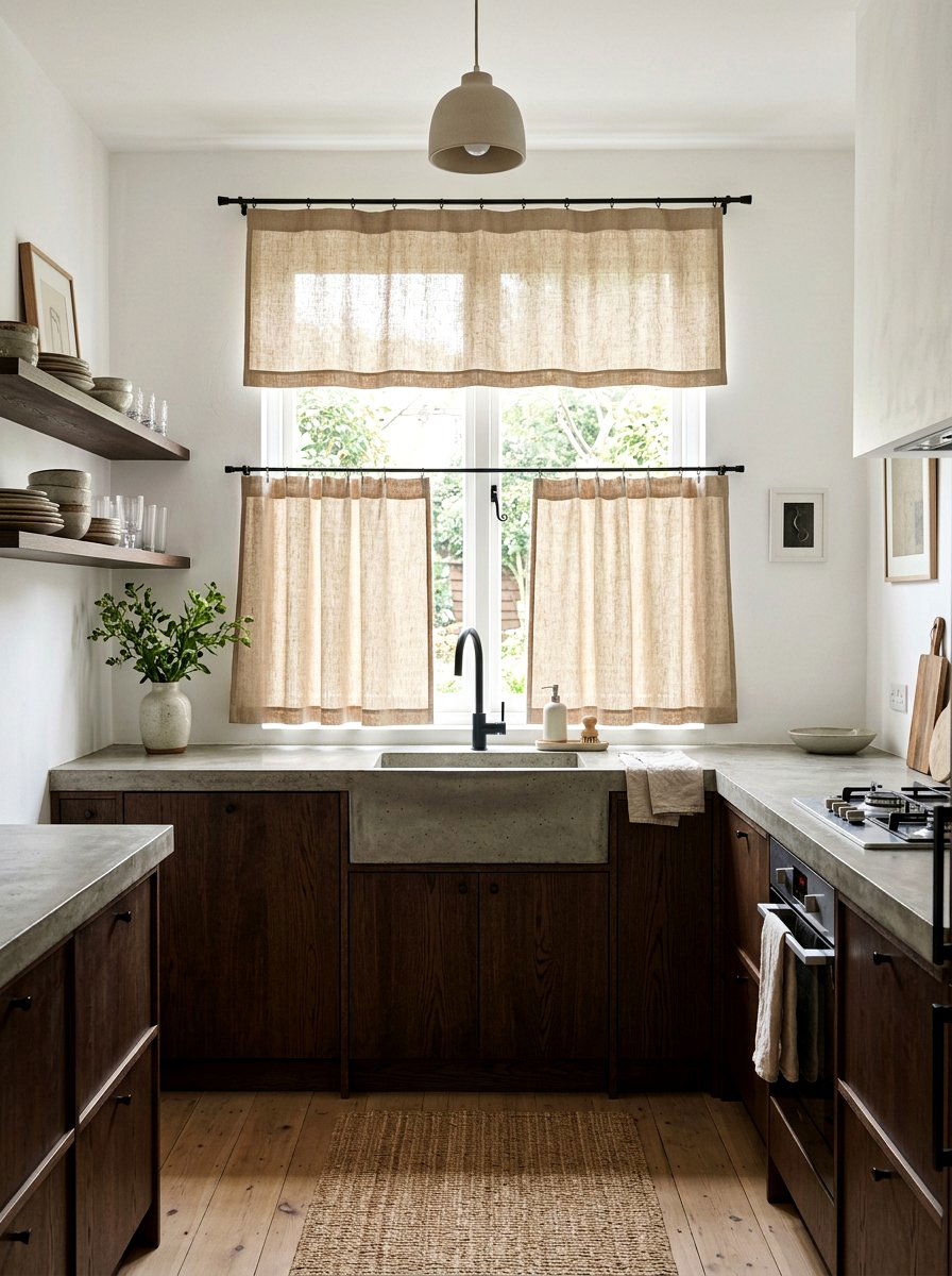 Solid linen tiers - 30 kitchen curtain sink ideas