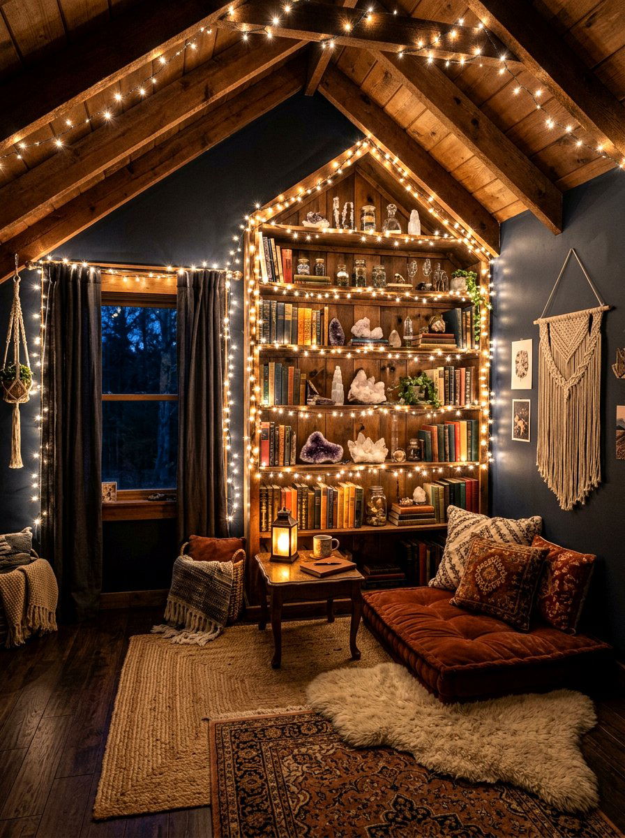 Soothing fairy light shelf - 30 wellness shelf styling ideas