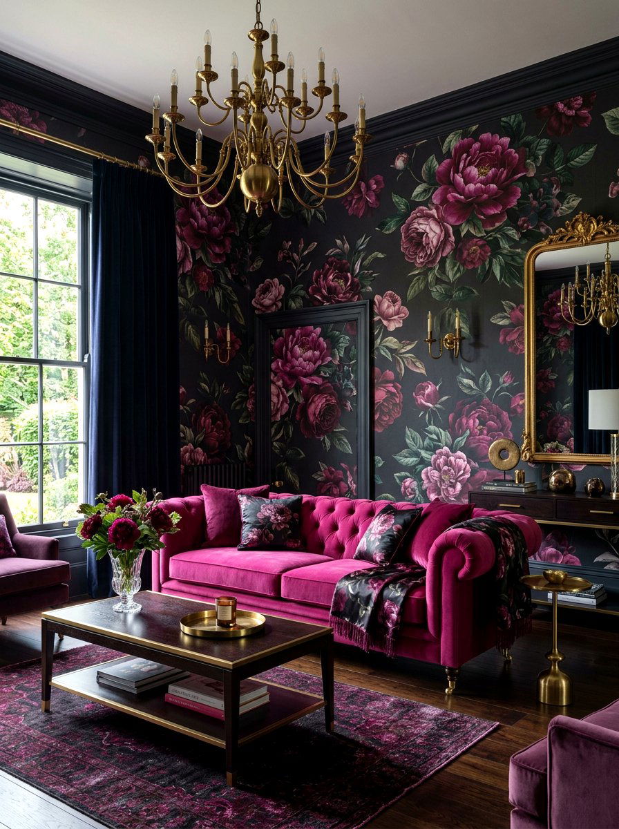 Sophisticated Dark Peony Theme - 30 dark floral living room ideas