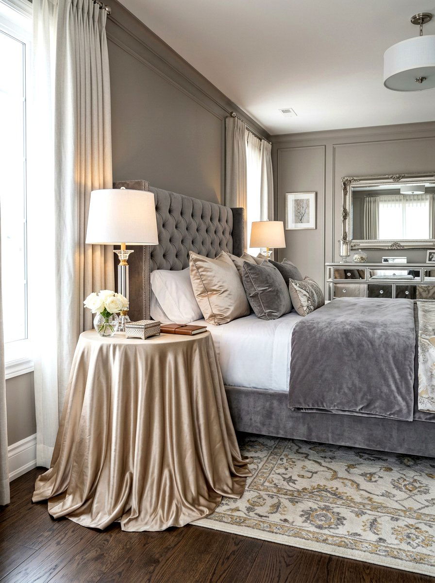 Sophisticated Silk Bedside Table - 30 skirted nightstand ideas