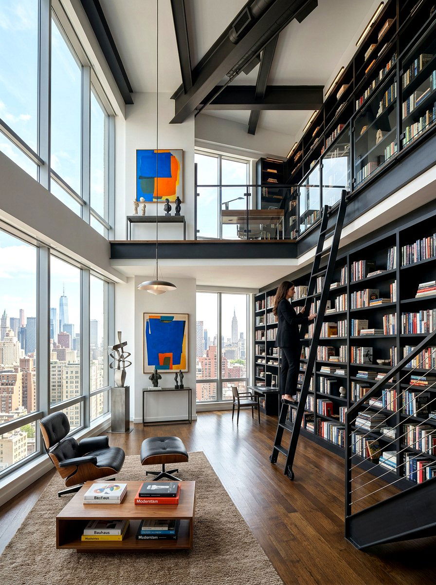 Sophisticated penthouse library loft - 30 library ladder ideas