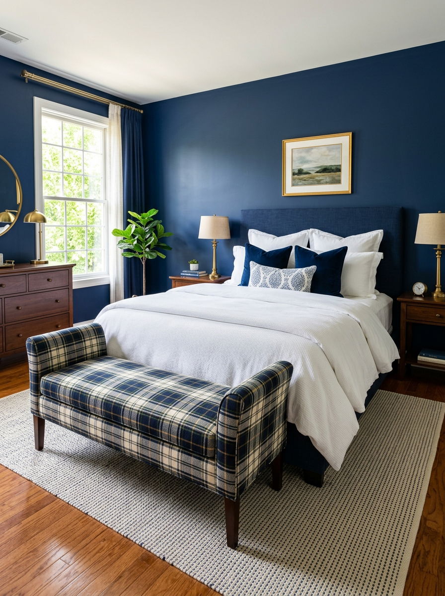 Sophisticated plaid bench - 30 plaid bedroom ideas