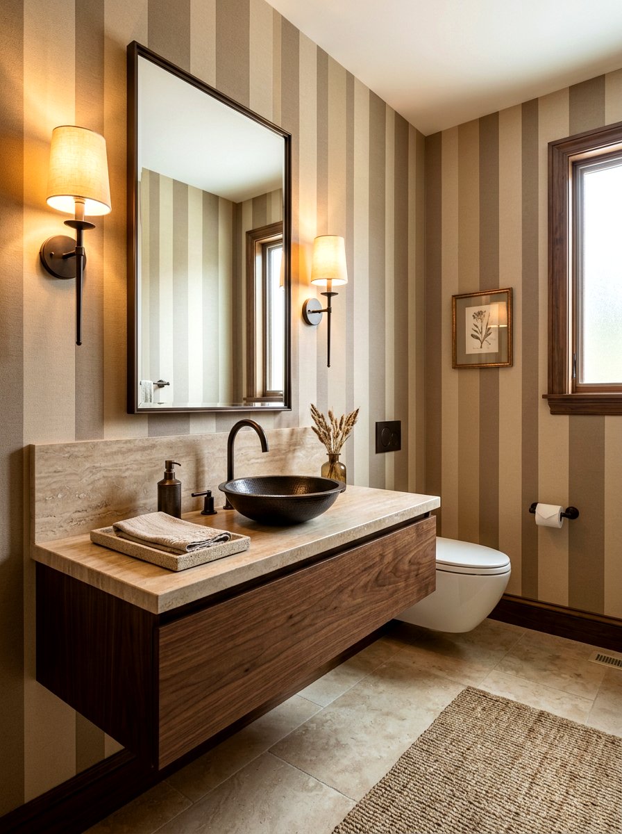 Sophisticated tan striped walls - 30 striped powder room ideas