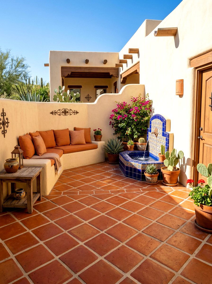 Southwestern Courtyard Tile - 30 terracotta and cream patio ideas