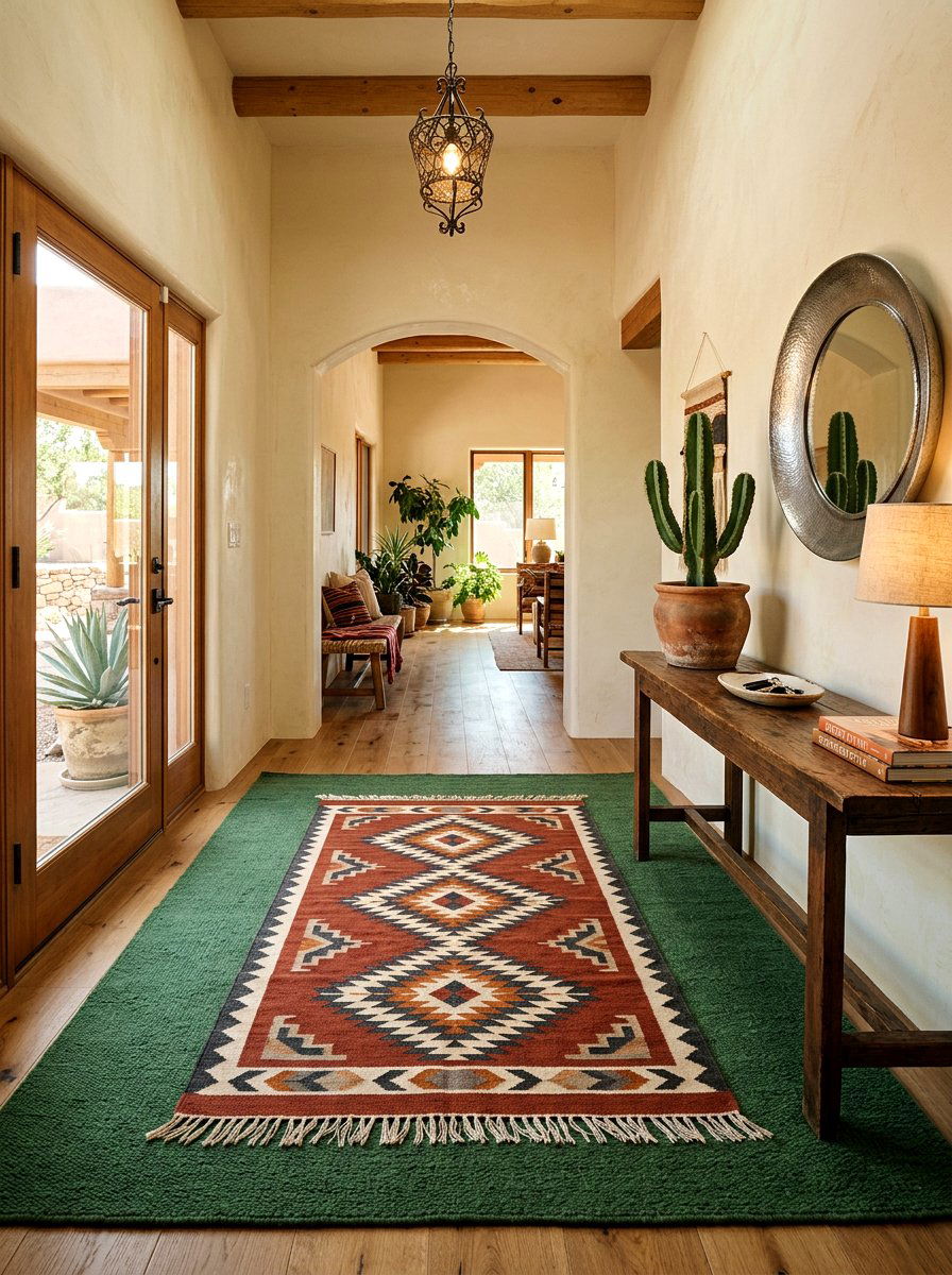 Southwestern Pattern Over Dark Solid Rug - 30 entrance rug layering ideas