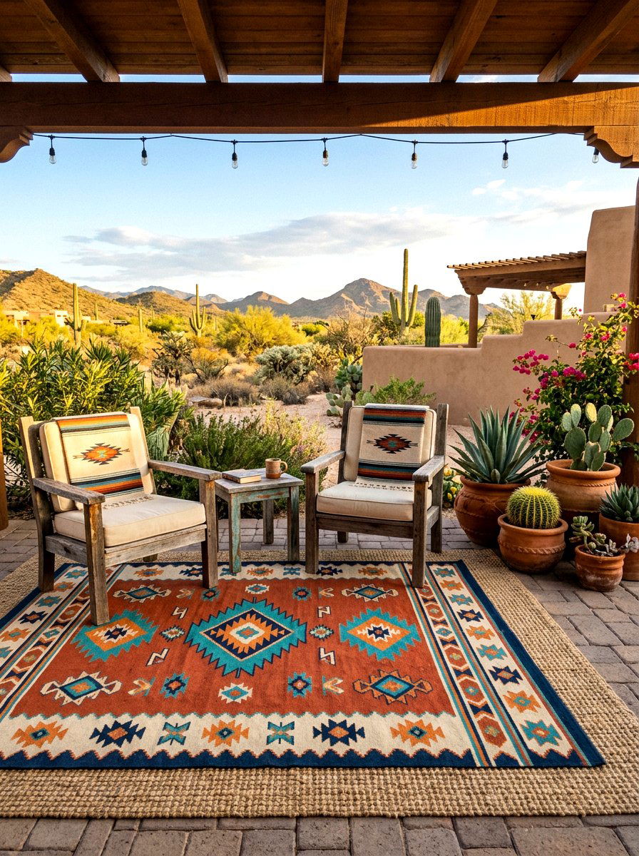 Southwestern Print Over Natural Seagrass - 30 layered outdoor rug ideas