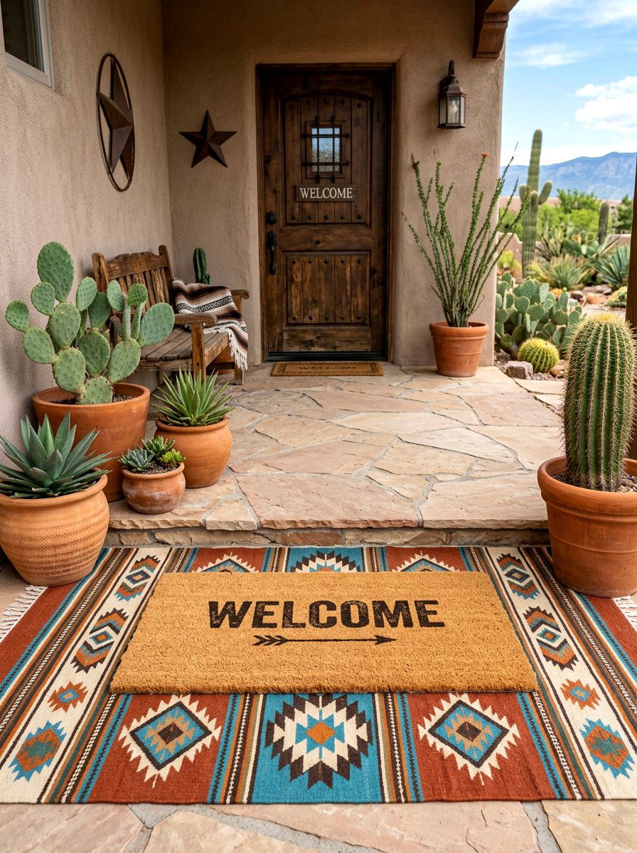 Southwestern Style Layered Entry Rug - 30 layered doormat porch ideas