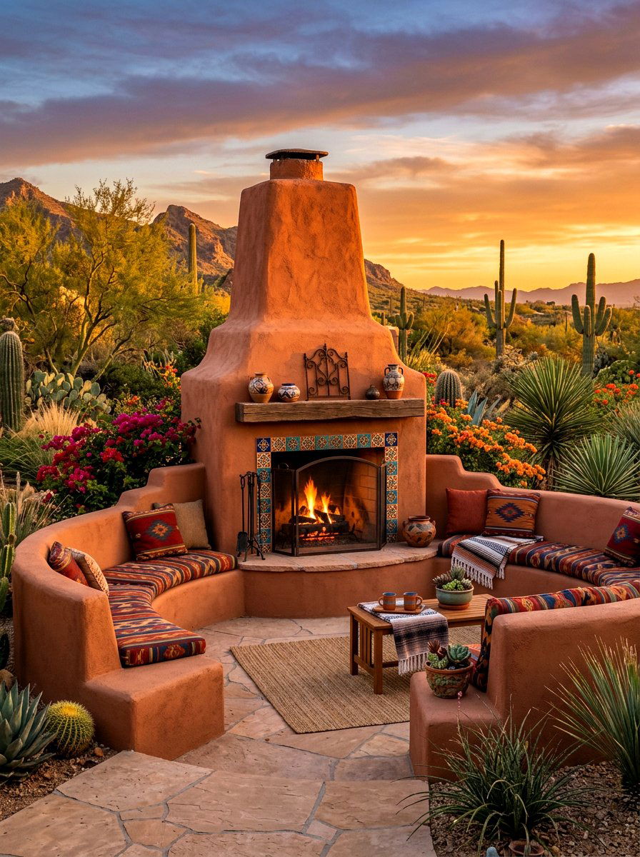 Southwestern Terracotta Stucco Fireplace - 30 textured stucco backyard ideas