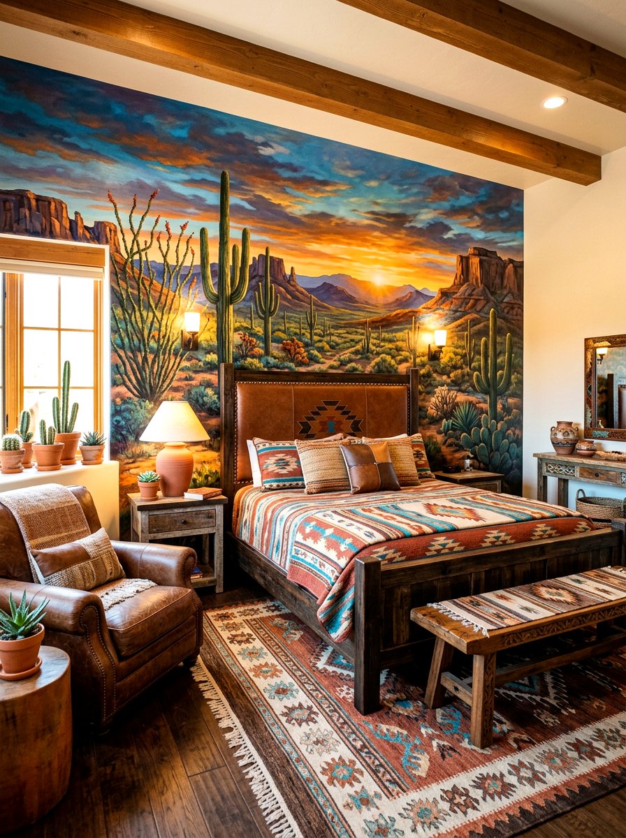 Southwestern desert wall mural - 30 landscape mural bedroom ideas
