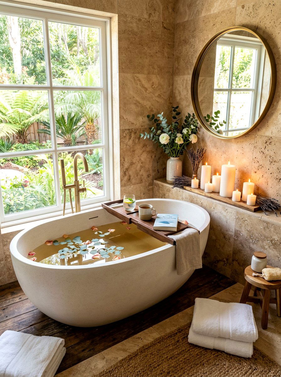 Spa Style Bathroom Corner - 30 freestanding tub corner ideas