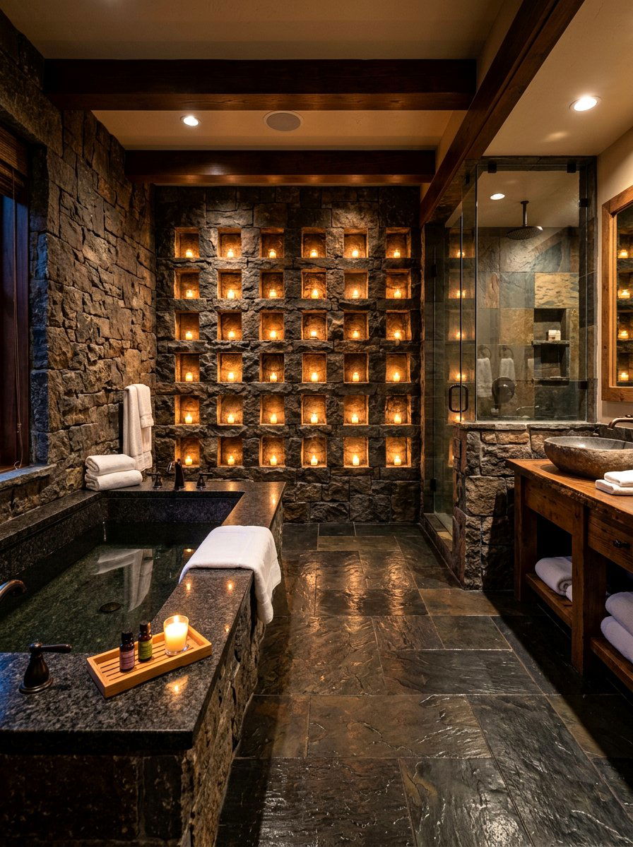 Spa bathroom with candle wall - 30 candlelit bathroom ideas
