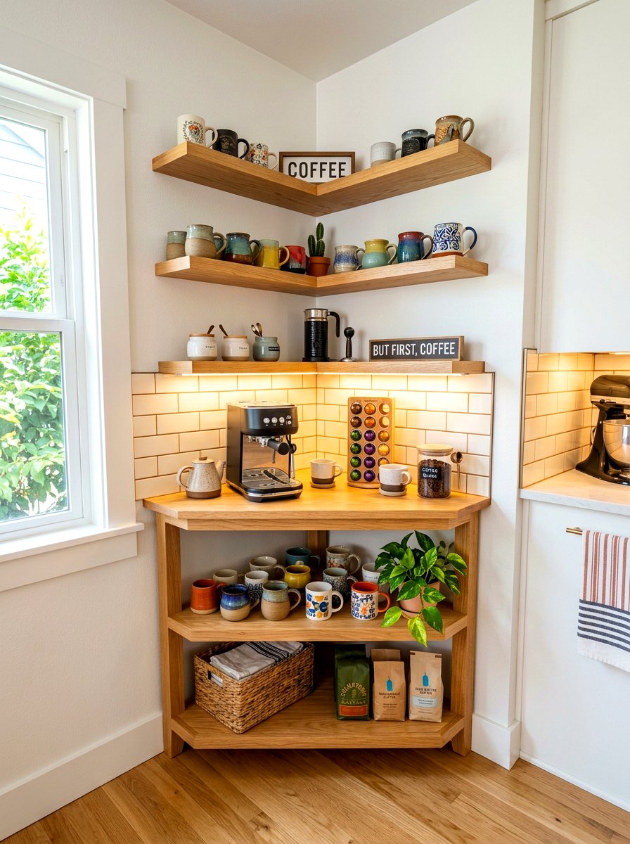 Space Saving Corner Coffee Bar - 30 coffee cart apartment ideas