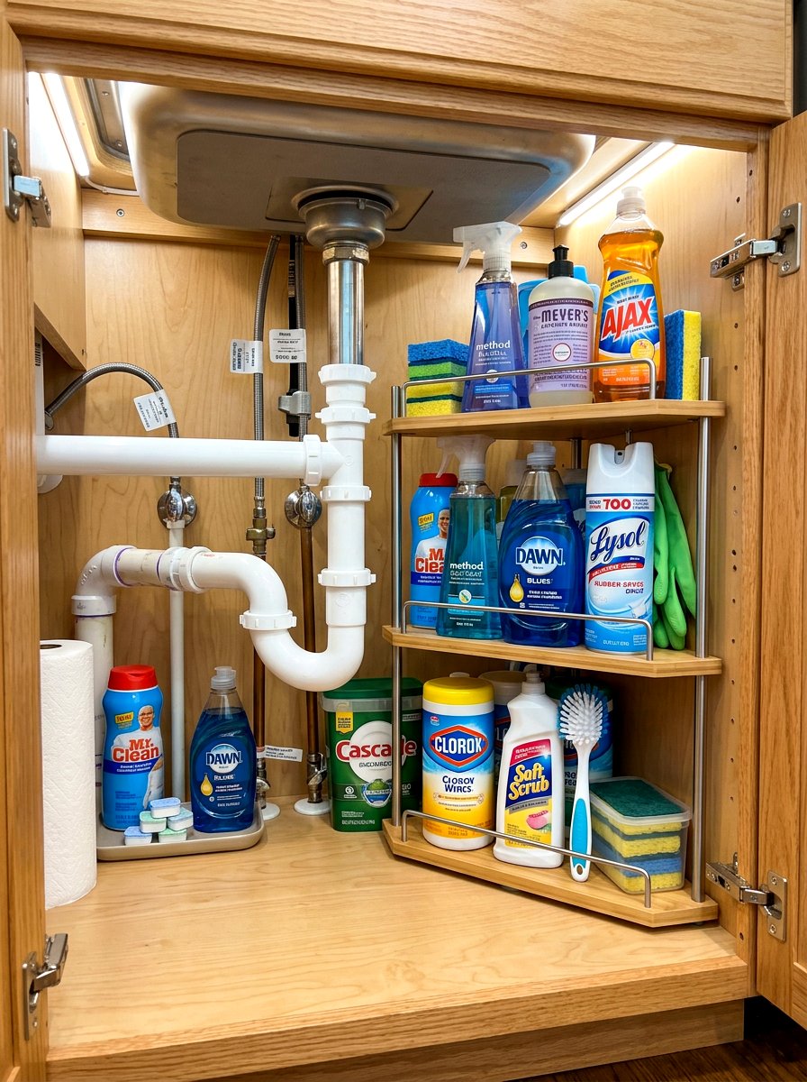 Space Saving Corner Shelf - 30 under sink kitchen organization ideas