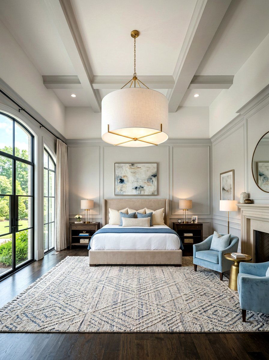 Spacious Bedroom With Statement Drum Pendant - 30 bedroom lighting ideas