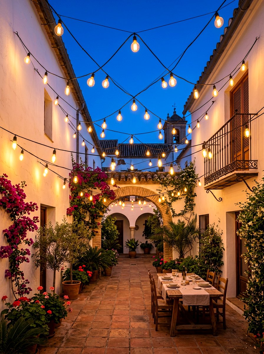 Spanish Courtyard String Lighting - 30 Spanish courtyard exterior ideas