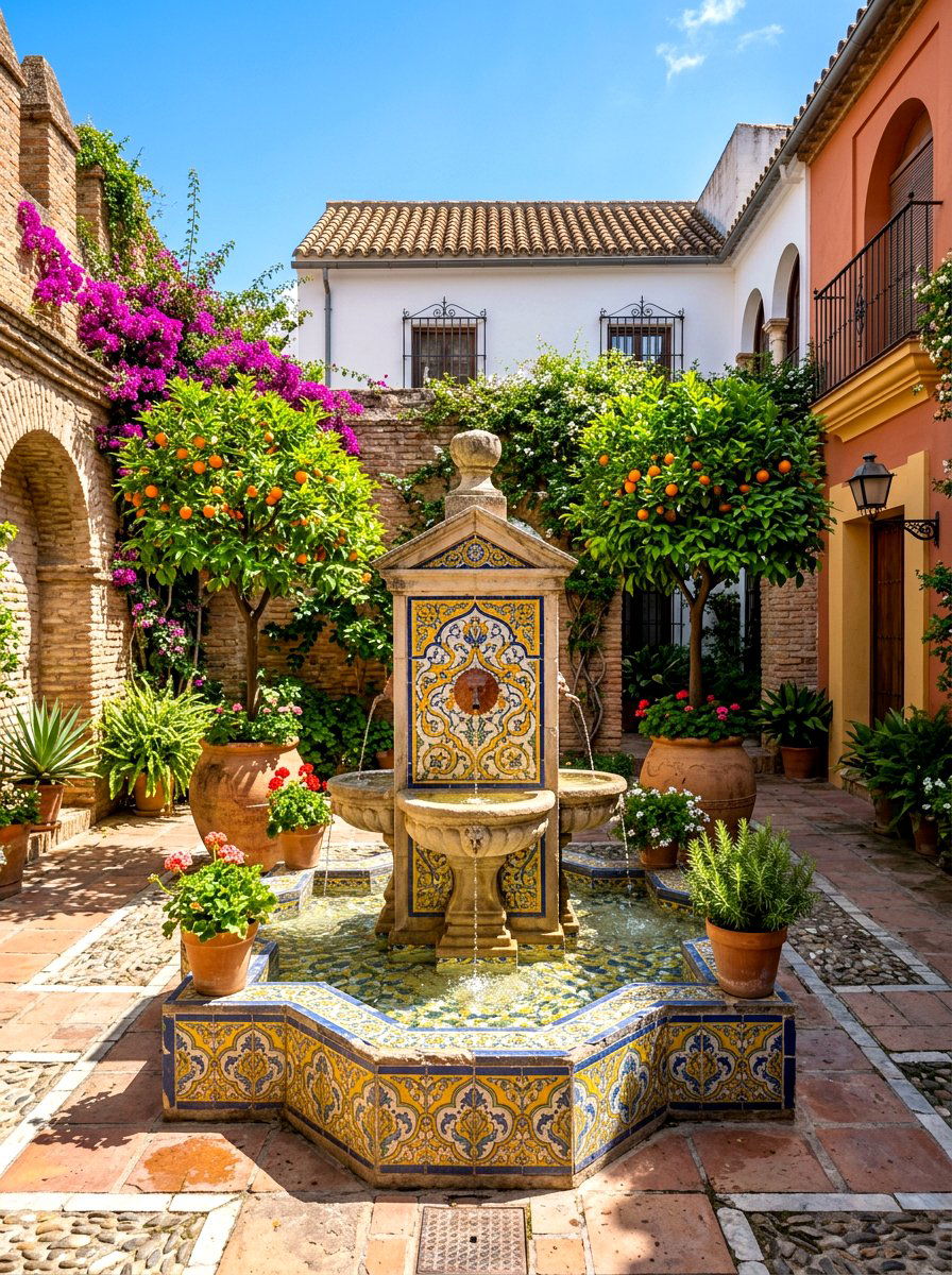 Spanish courtyard fountain - 30 enclosed courtyard ideas